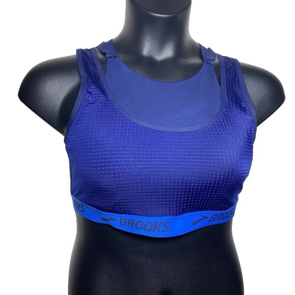 Brooks XXL Drive Mesh Run Navy Blue Bolt Sports Bra Layered Compression Wicking - Picture 11 of 11